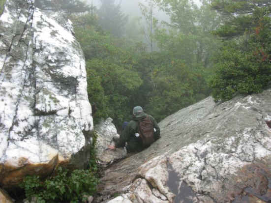 Exploring the quartz boulders.