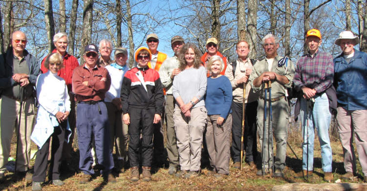 The OFHC gang for today's hike. (l-r) Jack Jacobi, Pam Euliss, Dick Metzgar, Vic Robson, Dave Hinson, Lynne Saporito, Donna Presley, Pom Sinnock, Jack Wintle, Carole Wintle, Don Preece, Faye Sisson, Bart DeHaven, Bill Hunt, Phil Brownrigg and Tony Presley