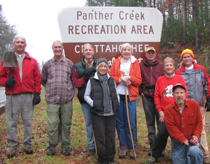 The OFHC gang for today's hike. Turn around group. (left to right) Bill Hunt, Dan Ross, John Bellamy, Pam Euliss, June Bellamy, Don Preece, Jeanne O'Connor, Bruce O'Connor and Tony Presley.