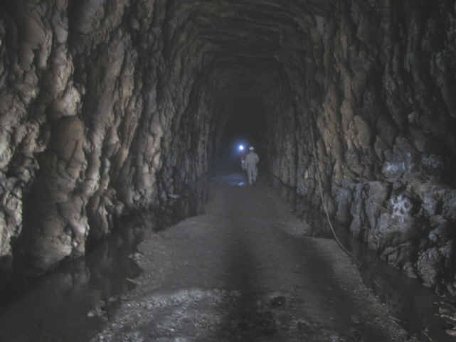 Walking into the dark tunnel with flashlights.