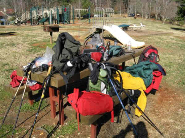 OFHC hiking gear left on the table as the hikers take a shopping break in Helen.