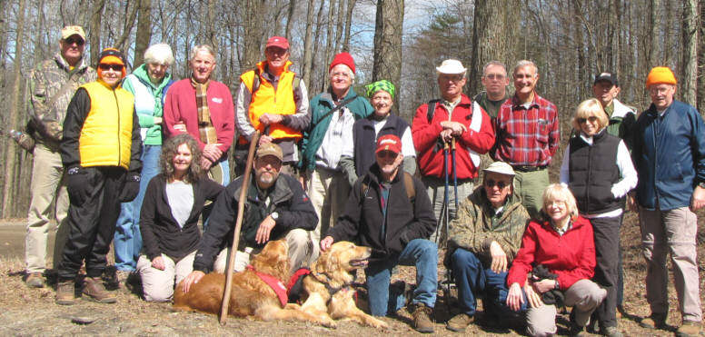 The OFHC gang for today's hike. (l-r front) Carole Wintle, Jack Wintle, "Jessie and Ty", Vic Robson, David Whitaker and Geri Whitaker. (l-r standing) Don Preece, Donna Presley, June Bellamy, John Bellamy, Pom Sinnock, Dave Hinson, Jeanne O'Connor, Bill Hunt, Thomas Bowers, Dan Ross, Pam Euliss, Phil Brownrigg and Tony Presley.