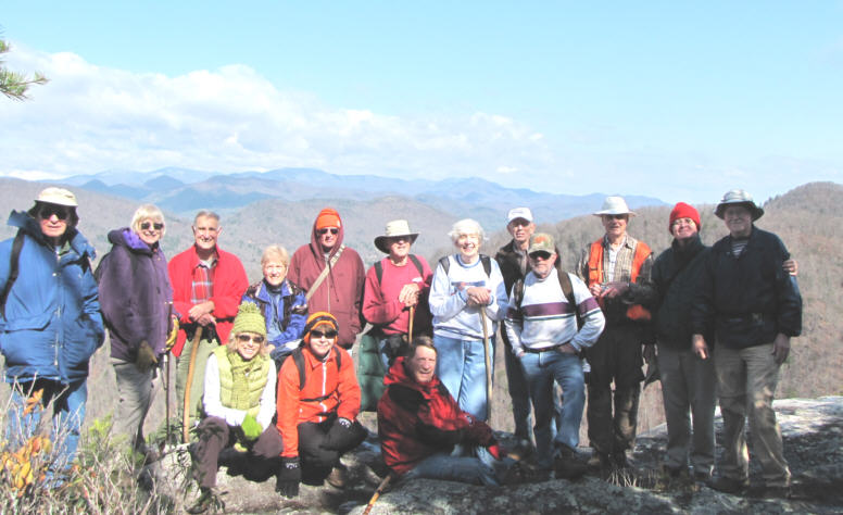 The OFHC gang for today's hike. (l-r sitting) Pam Euliss, Donna Presley and Bruce O'Connor (l-r standing) David Whitaker, Geri Whitaker, Dan Ross, Jeanne O'Connor, Don Preece, John Bellamy, June Bellamy, Phil Brownrigg, Vic Robson, Dick Metzgar, Dave Hinson and Tony Presley.