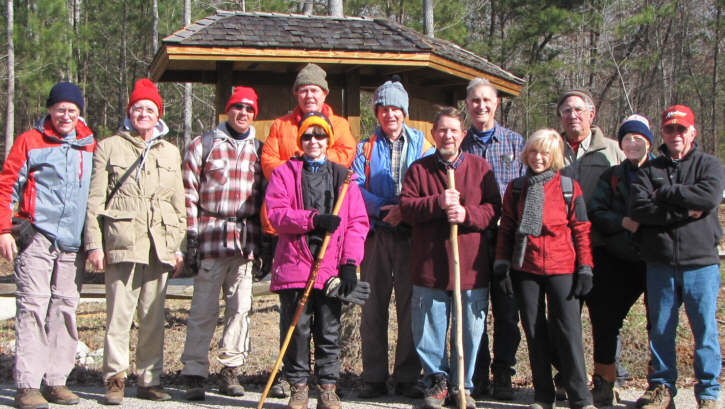The grizzly OFHC gang for today's hike (l-r). Tony Presley, Dave Hinson, Joe Raguckas, Pom Sinnock, Donna Presley, Dick Metzgar, Bruce O'Connor, Dan Ross, Pam Euliss, Bill Hunt, Jeanne O'Connor and Vic Robson.