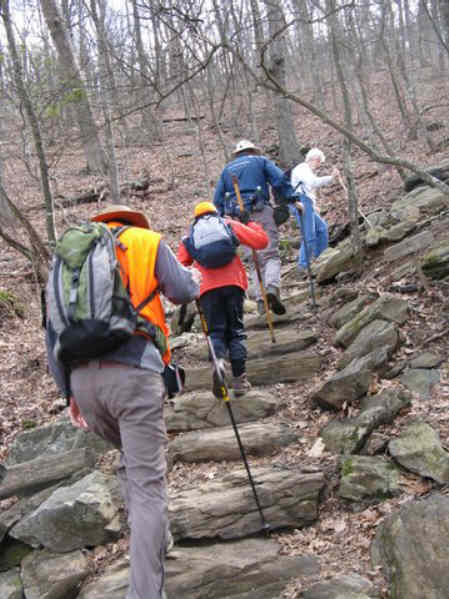 Now on the Appalachian Trail we head up the rock steps above Slaughter Gap.