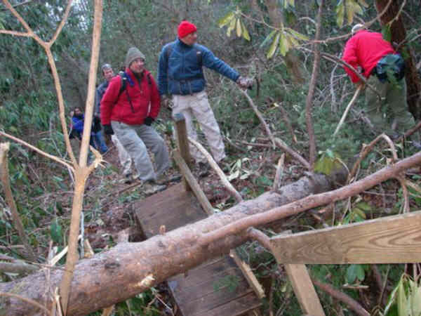 Here, a large tree crushed the footbridge. We were able to scramble around the obstacle and continue. On the return trip, we found that trail maintenance crews had already removed the tree.