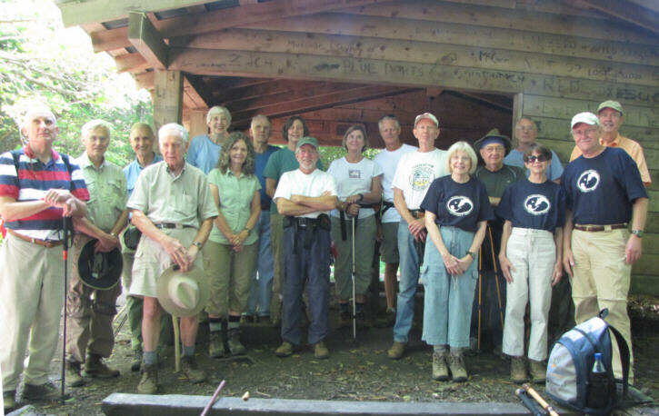 The OFHC gang for today's hike. (l-r) Jack Jacobi, Dick Metzgar, Dan Ross, David Whitaker, June Bellamy, Carole Wintle, John Bellamy, Karen Brown, Vic Robson, Greta Driggers, Jim Driggers, Phil Brownrigg, Geri Whitaker, Doug Russell, Don Preece, Donna Presley, Tony Presley and Pom Sinnock.