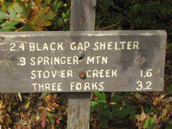 Trail sign at the forest service road below Springer Mt.