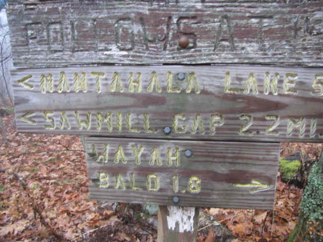 Trail sign at the Bartram Trail intersection. The A.T. and Bartram Trail share the path to Wayah Bald.