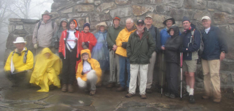 The OFHC gang (pictured through a wet lens) for today's hike. (l-r) Bill Hunt, John Mooneyham, Pam Euliss, Karen Brown, Donna Presley, Jeanne O'Connor, Geri Whitaker, Lynne Saporito, Phil Brownrigg, David Whitaker, Vic Robson, Jack Jacobi, Dick Metzgar, Maggie Bennett, Steve Bennett and Tony Presley.