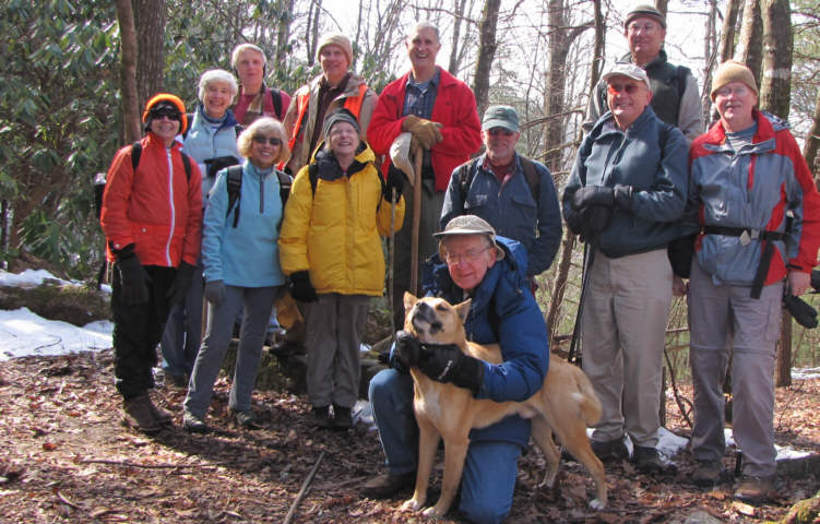 The OFHC gang for today's hike (l-r) Donna Presley, June Bellamy, John Bellamy, Pam Euliss, Dick Metzgar, Geri Whitaker, Dan Ross, David Whitaker and Trail Dog, Vic Robson, Jack Jacobi, Bill Hunt and Tony Presley.