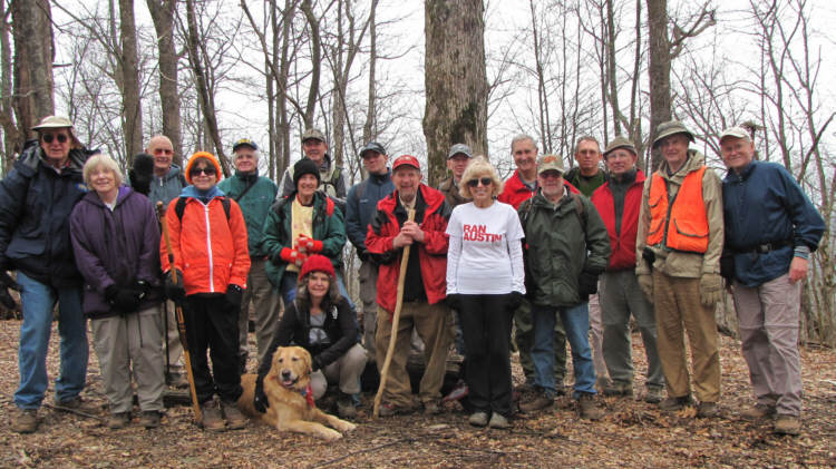 The OFHC gang for today's hike (l-r). David Whitaker, Geri Whitaker, Jack Jacobi, Donna Presley, Dave Hinson, Pom Sinnock, Jeanne O'Connor, Carole Wintle, "Ty" the trail dog, Joe Raguckas, Bruce O'Connor, Phil Brownrigg, Pam Euliss, Dan Ross, Vic Robson, Thomas Bowers, Bill Hunt, Dick Metzgar and Tony Presley.