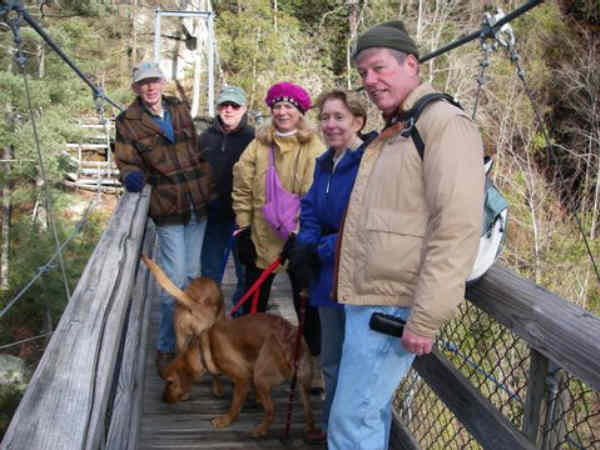 Taking a break on the suspension bridge over the gorge.