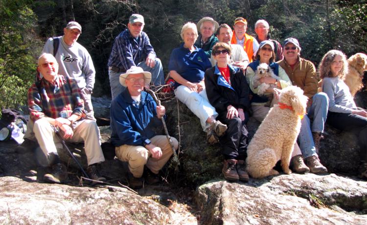 The OFHC gang for today's hike (l-r front) Jack Jacobi, Tony Presley, Donna Presley, Lynne Porter-Whitmire, "Merlin", "Honey", Rick Porter-Whitmire, Carole Wintle and "Ty" (l-r back) Joe Raguckas, Vic Robson, Jeanne O'Connor, David Hinson, Bruce O'Connor, Pom Sinnock and Bill Hunt.