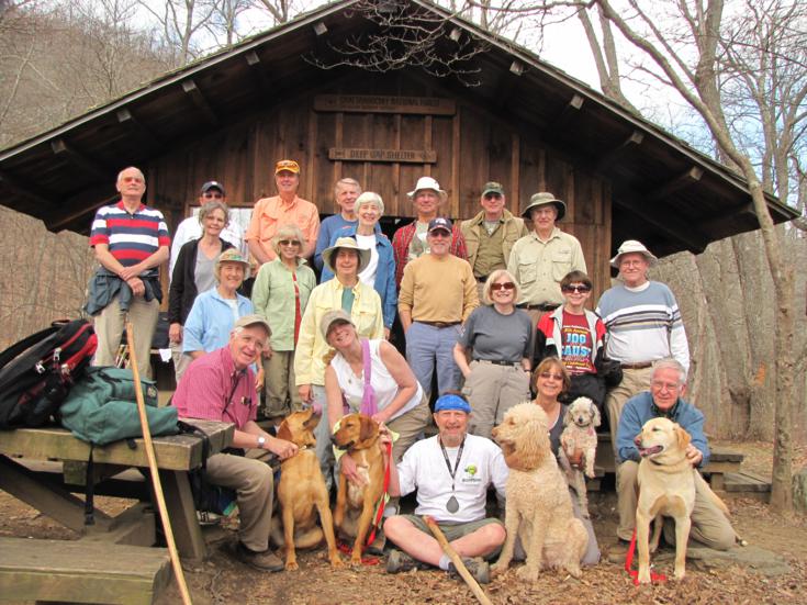The OFHC gang for today's hike. (l-r front) Dave Hinson, "Hope" and "Faith" (trail dogs), Lynne Saporito, Bruce O'Connor, "Honey", Lynne Porter-Whitmire, "Merlin", David Whitaker and "Nugget". {l-r 2nd row}Jeanne O'Connor, Pam Euliss, Karen Brown, Vic Robson, Geri Whitaker, Donna Presley and Tony Presley. (l-r back) Jack Jacobi, Rick Porter-Whitmire, Carole Wintle, Pom Sinnock, John Bellamy, June Bellamy, Bill Hunt, Don Preece and Dick Metzgar.