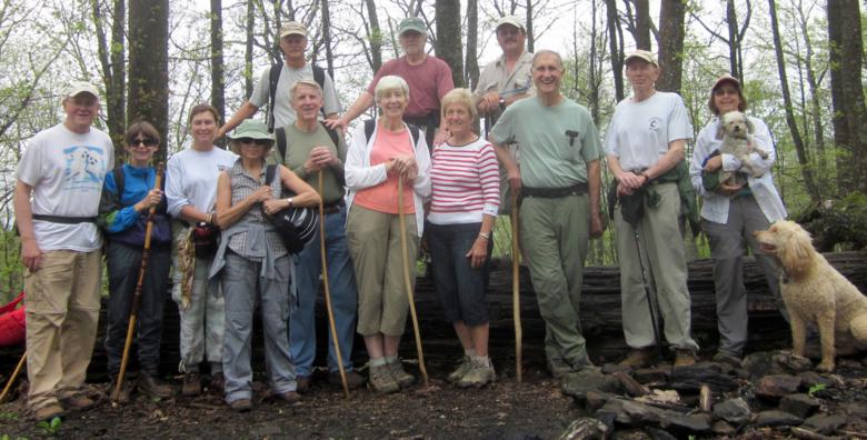 The OFHC gang for today's hike. (l-r) Tony Presley, Donna Presley, Greta Driggers, Pam Euliss, Jim Driggers, John Bellamy, June Bellamy, Vic Robson, Jeanne O'Connor, Rick Porter-Whitmire, Dan Ross, Phil Brownrigg, Lynne Porter-Whitmire, "Merlin" and "Honey".