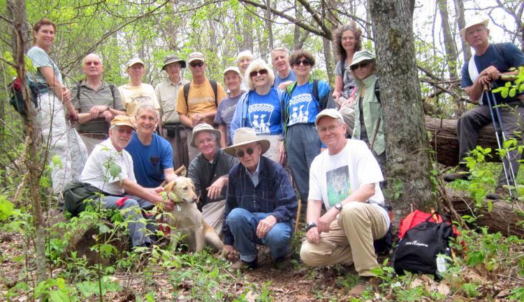 The OFHC gang for today's hike (l-r front) Vic Robson, Dan Ross, "Nugget", Dave Hinson, David Whitaker and Tony Presley. (l-r back) Greta Driggers, Jack Jacobi, Phil Brownrigg, Dick Metzgar, Jim Driggers, Jeanne O'Connor, June Bellamy, Geri Whitaker, John Bellamy, Donna Presley, Carole Wintle, Pam Euliss and Bill Hunt.