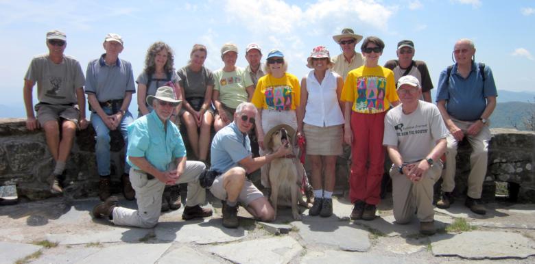 The OFHC gang for today's hike. (l-r front) Vic Robson, David Whitaker, Geri Whitaker, "Nugget", Pam Euliss, Donna Presley and Tony Presley. (l-r back) Jim Driggers, Phil Brownrigg, Carole Wintle, Greta Driggers, Jeanne O'Connor, Bruce O'Connor, Pom Sinnock, Don Preece, and Jack Jacobi.