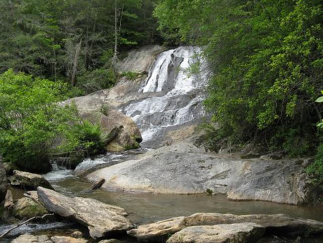 Beautiful Dicks Creek Falls flows into the Chattooga River.
