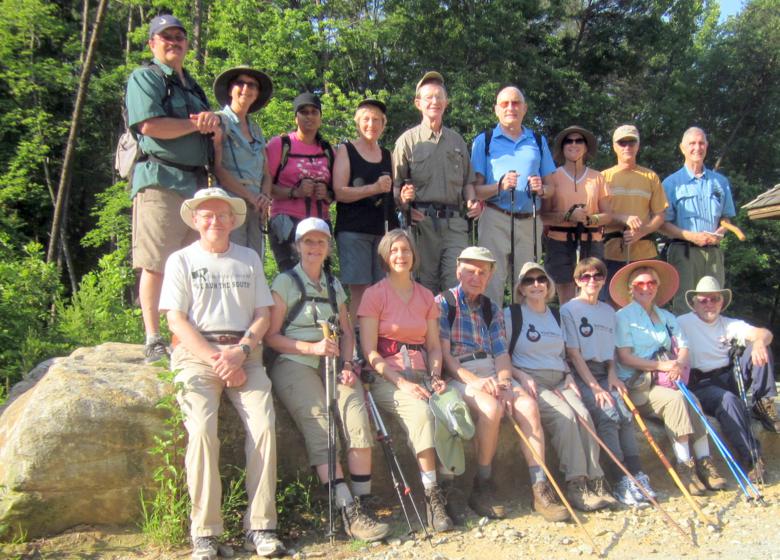 The OFHC gang for today's hike. (l-r seated) Tony Presley, Carole Wintle, Karen Brown, David Whitaker, Geri Whitaker, Donna Presley, Lynne Saporito and Vic Robson.(l-r standing) Rick Porter-Whitmire, Lynne Porter-Whitmire, Saranjit Plaha, Jeanne O'Connor, Marvin Tabor, Jack Jacobi, Greta Driggers, Jim Driggers and Dan Ross.