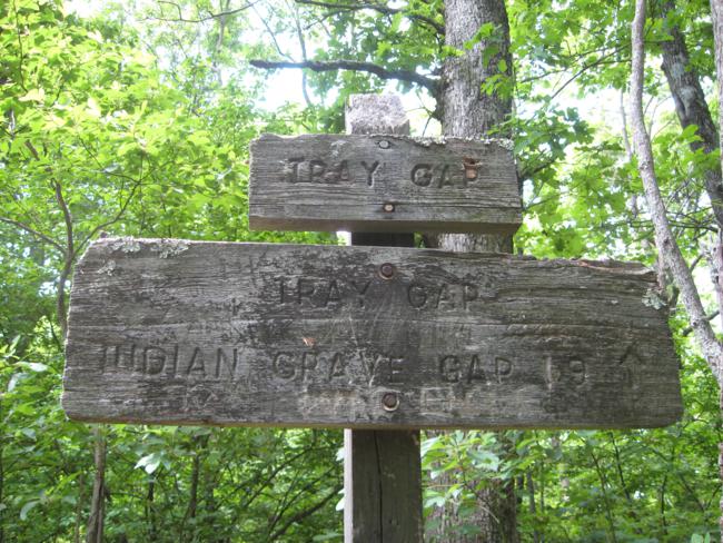 The old trail sign at Tray Gap.