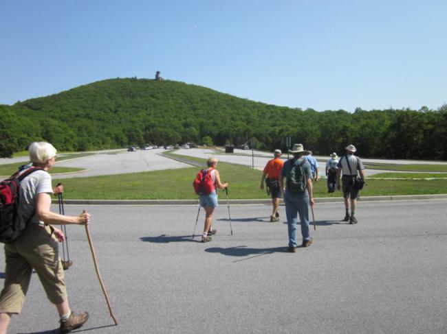 Walking up the large parking lot to the base of Brasstown Bald.
