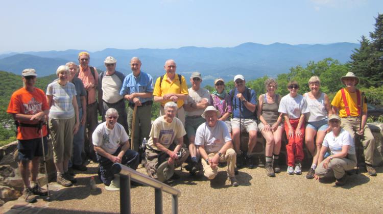 The OFHC gang for today's hike. (l-r front) Vic Robson, Dick Metzgar, Tony Presley and Wanda Miller. (l-r back) Jim Driggers, June Bellamy, John Bellamy, Pom Sinnock, Don Preece, Dan Ross, Jack Jacobi, Bill Hunt, Lynne Porter-Whitmire, Rick Porter-Whitmire, Carole Wintle, Donna Presley, Jeanne O'Connor and Wayne Miller.