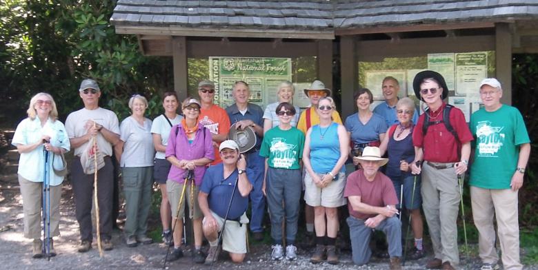 The OFHC gang for today's hike. (l-r) Lynne Saporito, Bill Hunt, Martha Hunt, Greta Driggers, Lynne Porter-Whitmire, Jim Driggers, Rick Porter-Whitmire, John Bellamy, June Bellamy, Donna Presley, Wayne Miller, Wanda Miller, Karen Brown, Vic Robson, Dan Ross, Jeanne O'Connor, Marvin Tabor and Tony Presley.