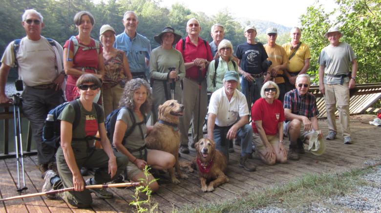 The OFHC gang for today's hike. (l-r front) Donna Presley, Carole Wintle, "Ty", "Jessie", Vic Robson, Geri Whitaker and David Whitaker. (l-r back) Bill Hunt, Karen Brown, Jeanne O'Connor, Dan Ross, Greta Driggers, Jack Jacobi, John Bellamy, Pam Euliss, Phil Brownrigg, Jim Driggers, Don Preece and Tony Presley.