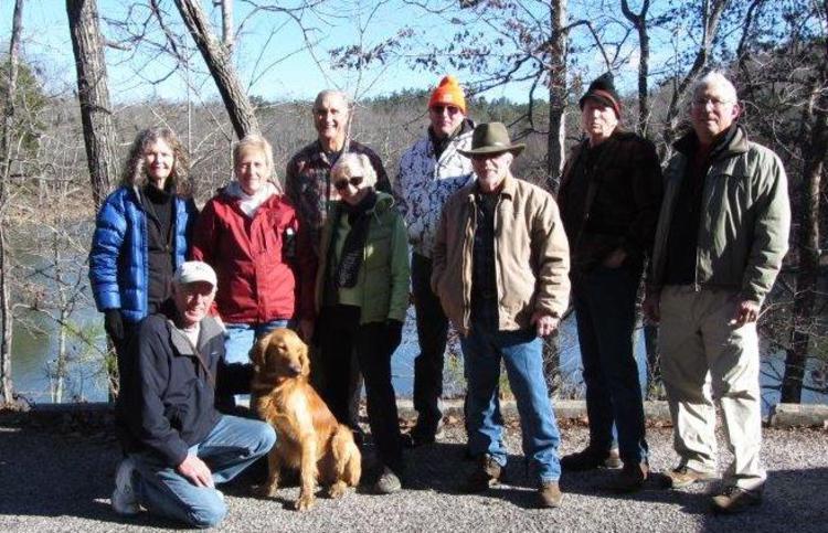 The OFHC gang for today's hike! (l-r) Carole Wintle, Mike Jones, Jeanne O'Connor, "Barney" the trail dog, Dan Ross, Pam Euliss, Don Preece, Vic Robson, Phil Brownrigg and Bill Hunt.