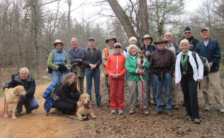 The OFHC gang for today's hike! (l-r front) David Whitaker and "Nugget",Carole Wintle and "Ty", Donna Presley, Geri Whitaker and "Gabby", Vic Robson and Pam Euliss. (l-r back) Karen Brown, Dan Ross, Phil Brownrigg, Dick Metzgar, June Bellamy, John Bellamy, Jack Jacobi, Don Preece and Tony Presley.