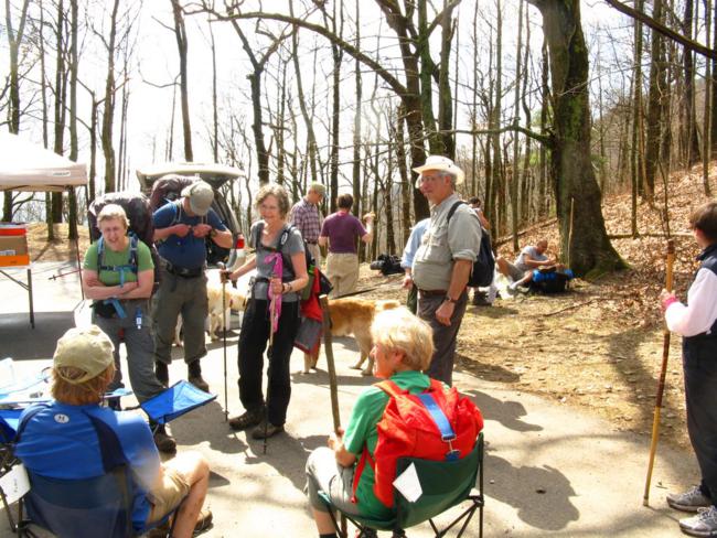 Returning to Tessnatee Gap we find the Trail Angels refreshment stand bustling with activity.
