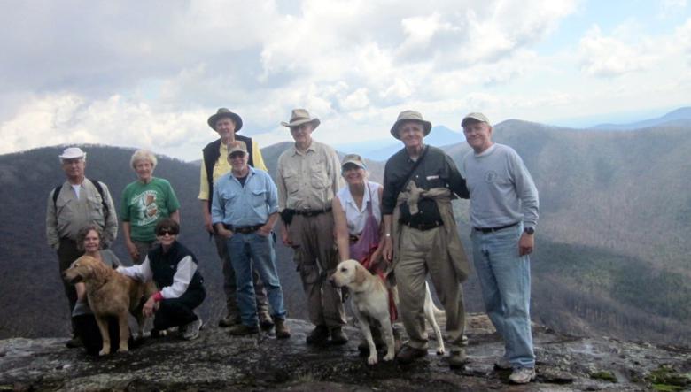 The OFHC gang for today's hike! (l-r) Bill Hunt, Carole Wintle, trail dog "Ty", Jeanne O'Connor, Donna Presley, Pom Sinnock, Vic Robson, Dick Metzgar, Lynne Saporito, trail dog "Josh", Dave Hinson and Tony Presley.
