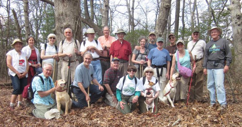 The OFHC gang for today's hike! (l-r front) David Whitaker, "Nugget", Dan Ross, Dave Hinson, Donna Presley, Geri Whitaker and "Gabby". (l-r standing) Jeanne O'Connor, Karen Brown, June Bellamy, Jack Jacobi, John Bellamy, Pom Sinnock, Dick Metzgar, Carole Wintle, Jack Wintle, Vic Robson, Terry Pricket, "Angus", Lynne Saporito, Don Preece and Tony Presley.
