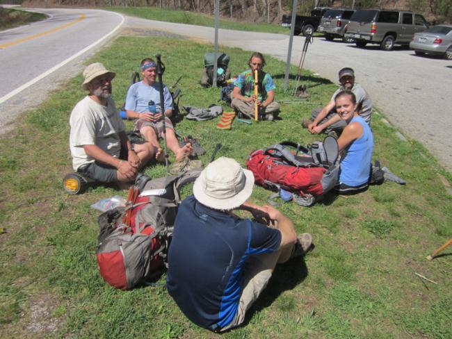 Back at Dicks Creek Gap, this group of thru-hikers were waiting on a shuttle to Hiawassee, GA.
