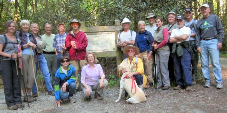 The OFHC gang for today's hike! (l-r) Carole Wintle, June Bellamy, John Bellamy, Dan Ross, Phil Brownrigg, Donna Presley, Wayne Miller, Wanda Miller, Bill Hunt, Lynne Saporito & "Angus", Jeanne O'Connor, Dick Metzgar, Greta Driggers, Dave Hinson, Vic Robson, Jim Driggers and Tony Presley.
