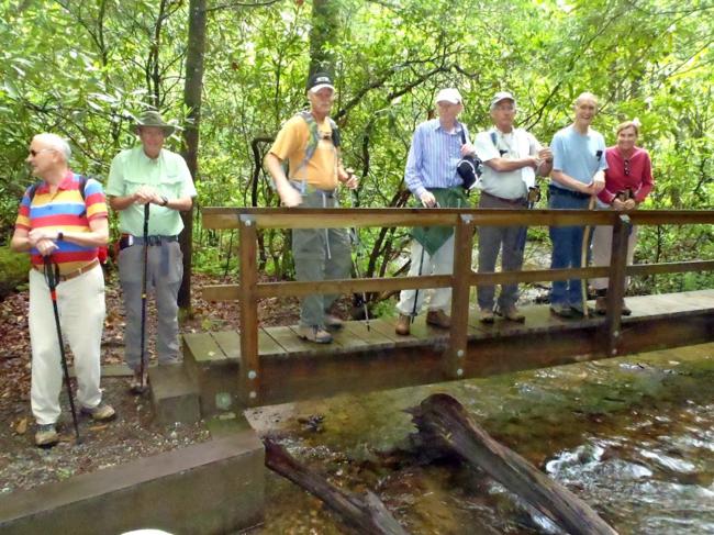 Crossing the foot-bridge at Slaughter Creek.