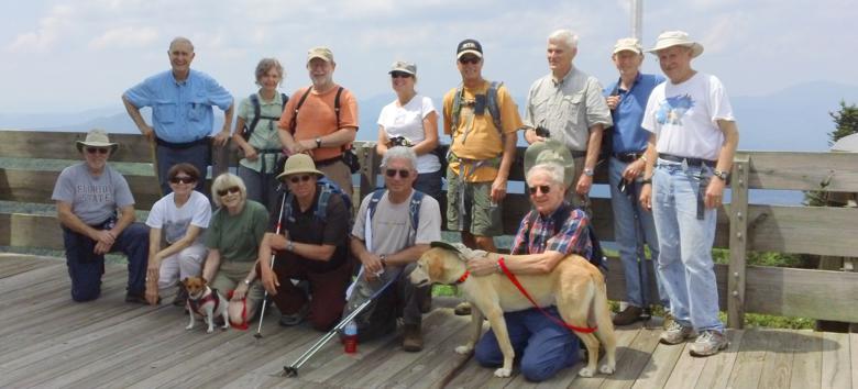 The OFHC gang for today's hike! (l-r front) Vic Robson, Donna Presley, Geri Whitaker & "Gabby", Thomas Bowers, Bill Hunt and David Whitaker & "Nugget". (l-r back) Dan Ross, Carole Wintle, Bob Magee, Greta Driggers, Jim Driggers Dick Metzgar, Phil Brownrigg and Tony Presley.