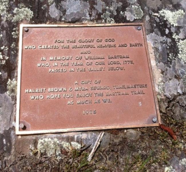 The plaque on top of Fish Hawk Mountain in memory of William Bartram.