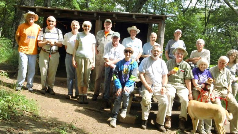 The OFHC gang for today's hike (l-r) Tony Presley, Jack Jacobi, John Bellamy, June Bellamy, Don Preece, Vic Robson, Donna Presley, Pom Sinnock, Dan Ross, Bob Magee, Phil Brownrigg, Dave Hinson, Bill Hunt, Geri Whitaker, David Whitaker and Carole Wintle