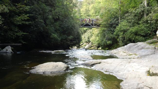 Looking from the river back up to the iron bridge.