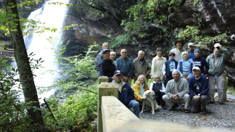The OFHC gang for today's hike! (l-r front) Phil Brownrigg, Vic Robson, Lynne Saporito, "Angus" the trail dog, Pam Euliss, Bill Hunt and Tony Presley. (l-r back) John Bellamy, June Bellamy, Jack Jacobi, David Whitaker, Karen Brown, Donna Presley, Pom Sinnock, Geri Whitaker, Jim Driggers, Greta Driggers and Bob Magee.