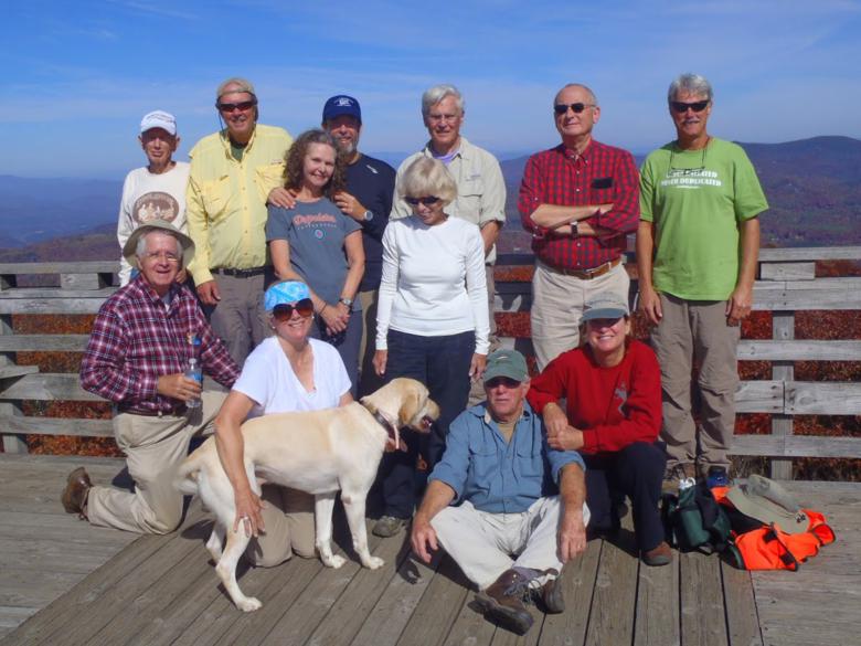 The OFHC gang for today's hike! (l-r front) Dave Hinson, Lynne Saporito, "Angus", Vic Robson and Greta Driggers. (l-r standing) Phil Brownrigg, Pom Sinnock, Carole Wintle, Jack Wintle, Pam Euliss, Dick Metzgar, Jack Jacobi and Jim Driggers.