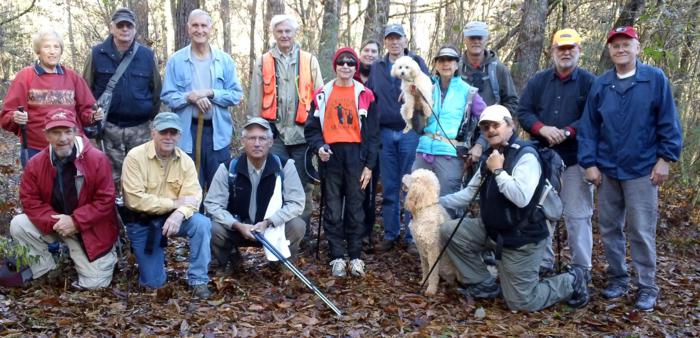 The OFHC gang for today's hike! (l-r) Jeanne O'Connor, Bruce O'Connor, Don Preece, Vic Robson, Dan Ross, Bill Hunt, Dick Metzgar, Donna Presley, Gretta Driggers, Phil Brownrigg, trail dogs "Frisco and Honey", Lynne Porter-Whitmire, Jim Driggers, Rick Porter-Whitmire, Bob Magee and Tony Presley .