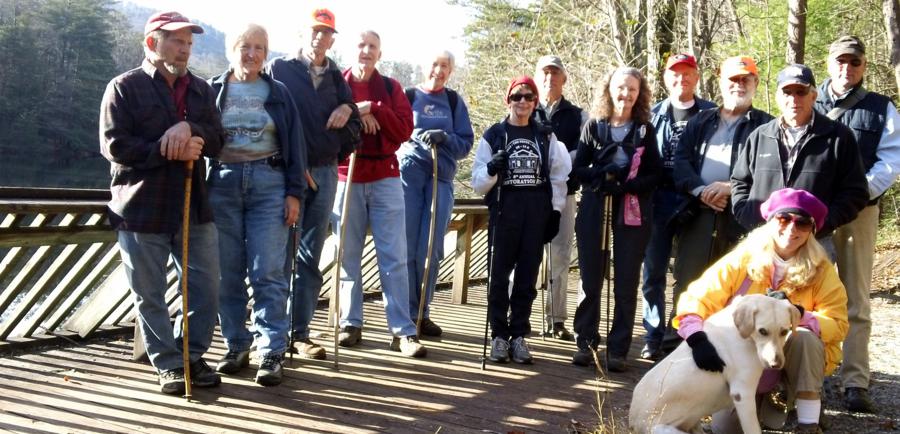 The OFHC gang for today's hike! (l-r) Bruce O'Connor, Jeannee O'Connor, Phil Brownrigg, John Bellamy, June Bellamy, Donna Presley, Bill Hunt, Carole Wintle, Tony Presley, Bob Magee, Trail Dog "Angus", Lynne Saporito, Vic Robson and Don Preece.