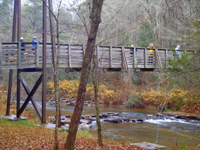 The suspension bridge across the Tallulah River on the Shortline Trail.