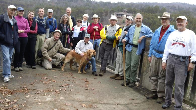 The OFHC gang for today's hike! (l-r) Mike Jones, Nancy Masur, Greta Driggers, Clay Masur, Jim Driggers, Dave Hinson, Carole Wintle, Pom Sinnock, Donna Presley, Vic Robson, Trail Dog "Barney", June Bellamy, John Bellamy, Bill Hunt, Phil Brownrigg, Dan Ross, Dick Metzgar and Tony Presley.