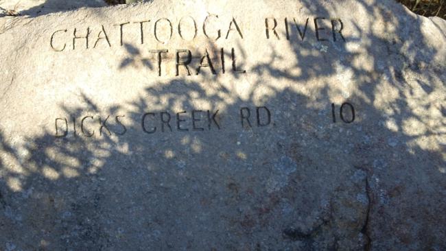 Carved rock boulder at the start of the trail on the GA side.