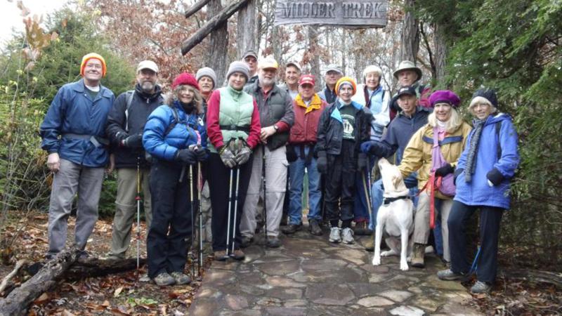 The OFHC gang for today's hike! (l-r) Tony Presley, Jack Wintle, Carole Wintle, Jim Driggers, Greta Driggers, Don Preece, Bob Magee, Dan Ross, Vic Robson, Bill Hunt, Donna Presley, June Bellamy, John Bellamy, Phil Brownrigg, Trail dog "Angus", Lynne Saporito and Pam Euliss.