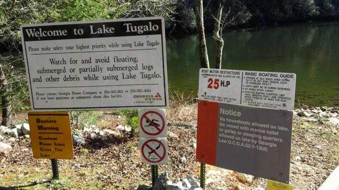 Tugalo Lake is restricted to small engines and is the only GA Power Lake that is "thankfully" undeveloped. The lake is Y-shaped with Tallulah Gorge feeding one leg and The Chattooga River feeding the other leg and the hydro-power dam is at the bottom of the Y.